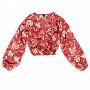 Rue 21 Red Satin Paisley Floral Long Sleeve Cross Front Puffy Sleeve Blouse